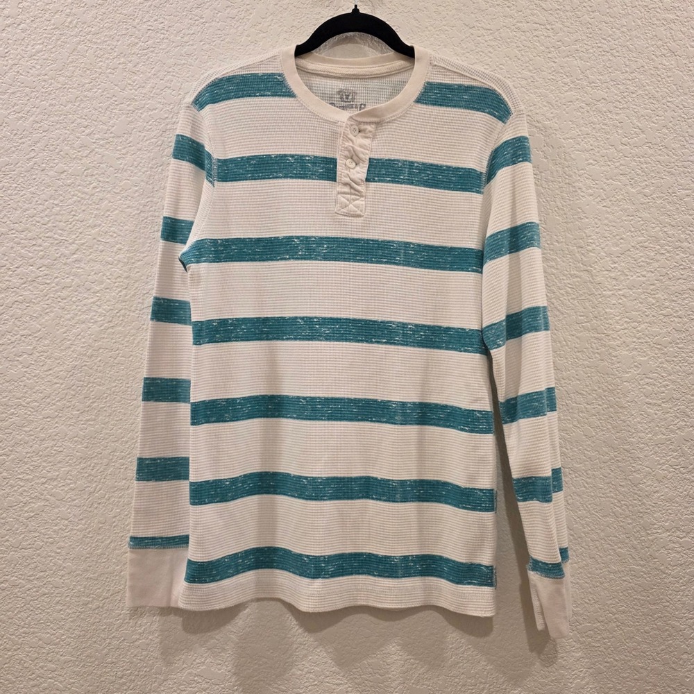 Roebuck & Co Long Sleeve Thermal Henley Shirt Mens M Tall Teal White Striped